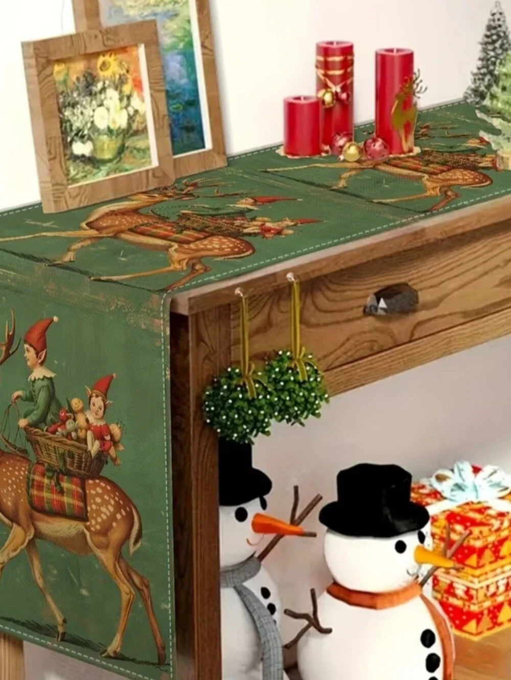 German Barvarian Christmas Tablecloth Runner Elves Reindeers Retro Cottagecore